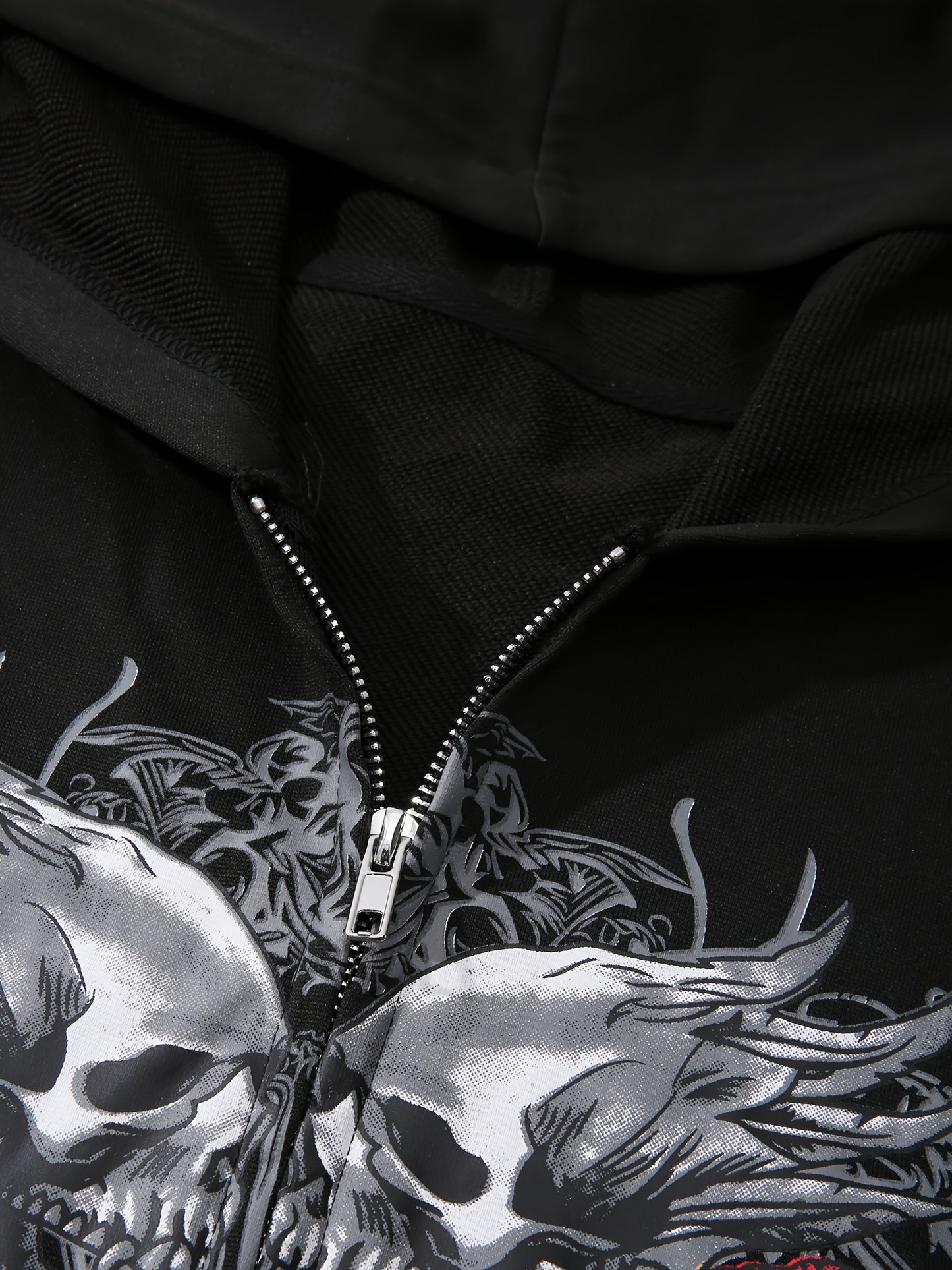 Y2K Skull & Floral Print Hoodie, Zip Up Long Sleeve Sweatshirt With Pocket, Women's Clothing