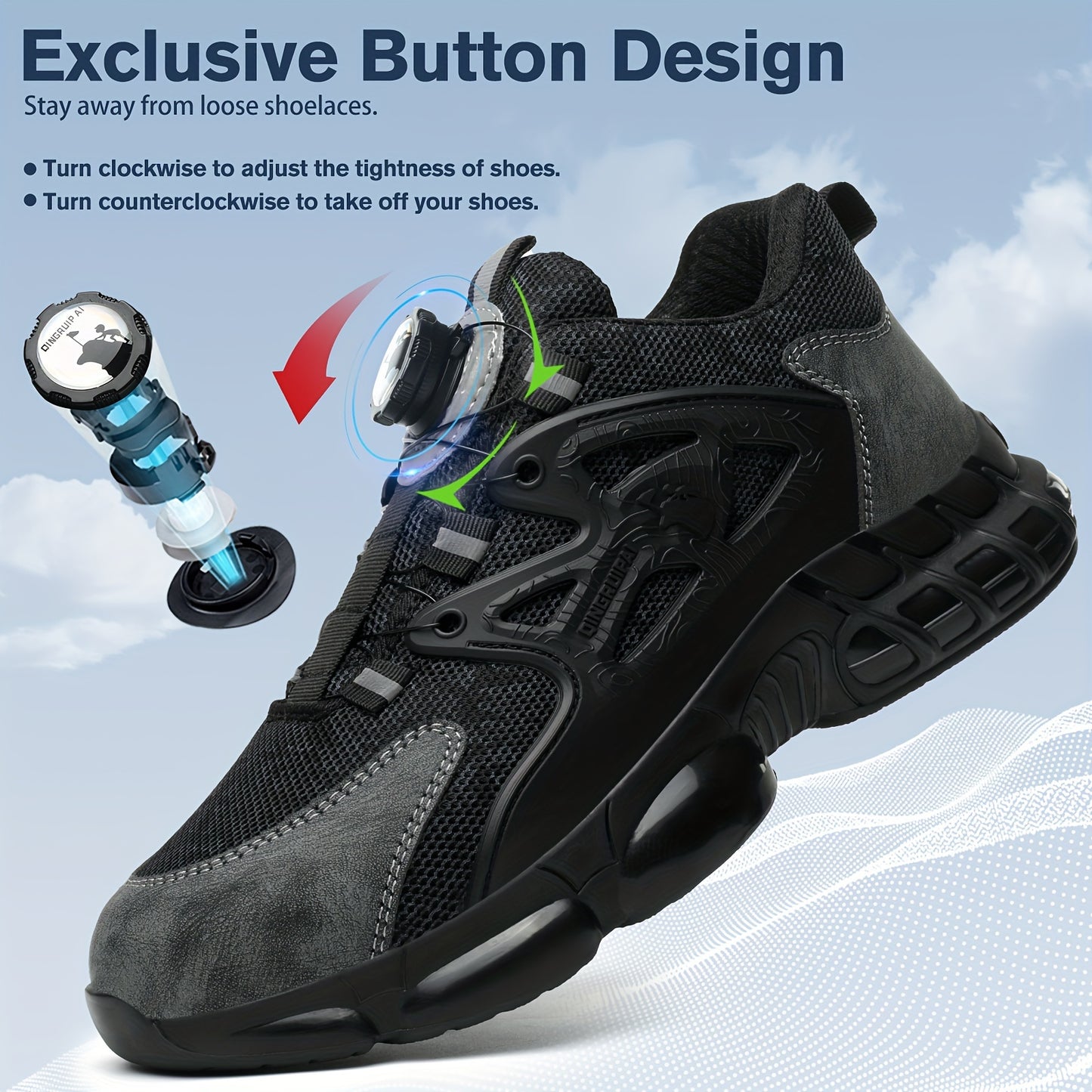 Plus Size Men's Solid Color Steel Toe & Puncture Proof Safety Shoes With Rotating Buckle, Comfy Non Slip Durable Shock Absorbing Work Shoes, Men's Industrial Footwear