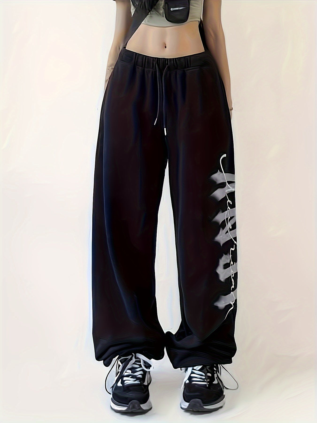 Women's Retro Streetwear-Inspired Joggers - Casual Loose Fit with Drawstring, Letter Print, Polyester & Spandex Blend, Machine Washable