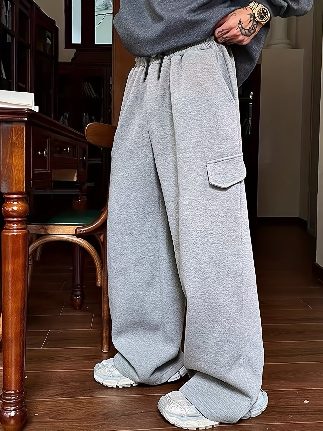 Men'S Casual Loose-Fit Sweatpants with Pocket Detail - 100% Polyester Knit Fabric with Slight Stretch, Solid Color Leisure Trousers