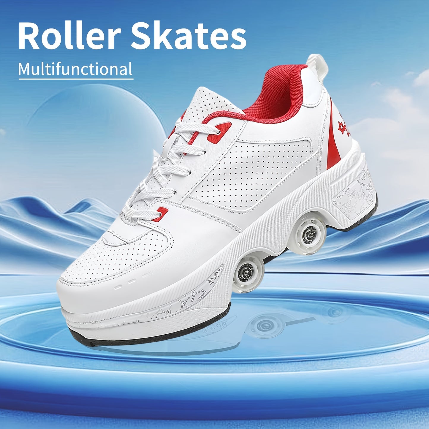 White Red Roller Skate Shoes For Men And WomenShoe - Breathable, Ergonomic, Impact Resistant, 2-in-1 Deformation Roller Skates&Sneakers, Double-Row Retractable Wheels Roller Shoes, For Casual Walking, Skating, Hiking, And Out