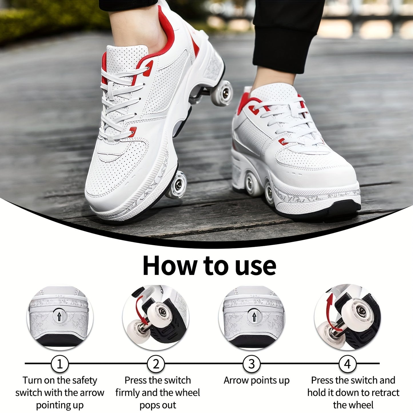 White Red Roller Skate Shoes For Men And WomenShoe - Breathable, Ergonomic, Impact Resistant, 2-in-1 Deformation Roller Skates&Sneakers, Double-Row Retractable Wheels Roller Shoes, For Casual Walking, Skating, Hiking, And Out