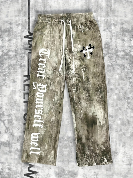 Tie-Dye Joggers with Cross Letter Print - Oversized, Loose Fit, French Terry Fabric Sweatpants for Men & Women, Machine Washable