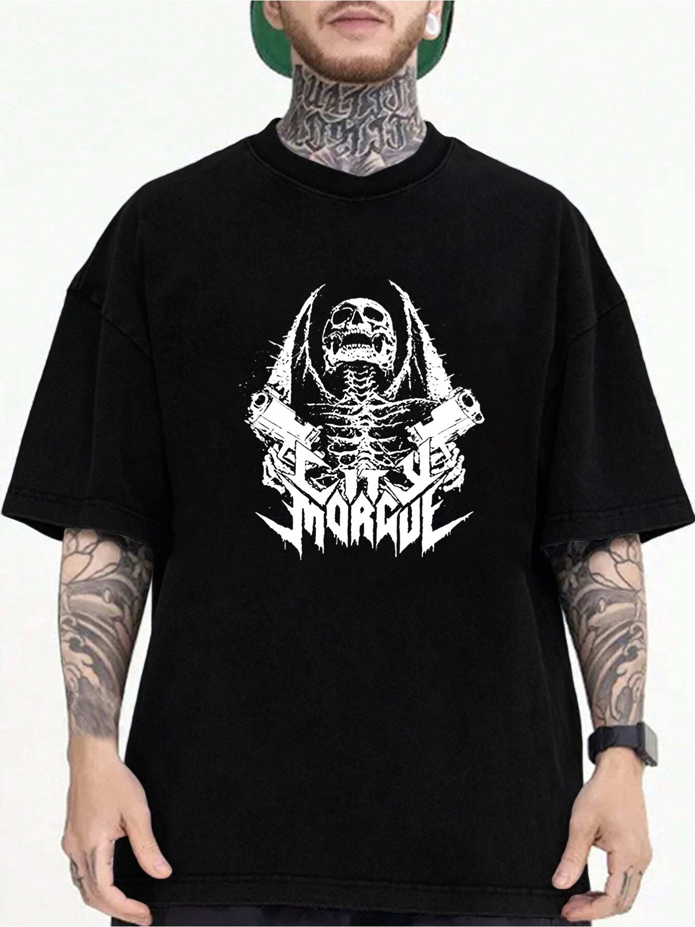 Men's Casual Loose-Fit Short Sleeve T-Shirt with Dual Gun Skull City Morgue Print, Polyester, Round Neck - Machine Washable, Buyers, Marlo