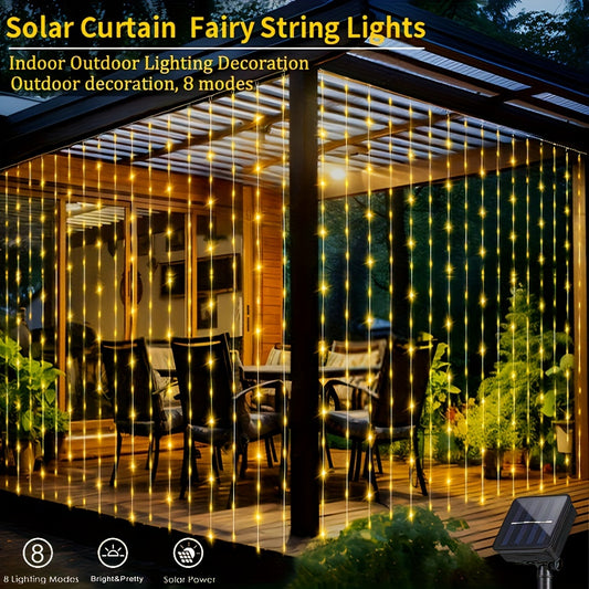 Solar-Powered LED Curtain String Lights: 8 Modes, Perfect for Parties, Weddings, and Garden Decorations (Color Options Available)