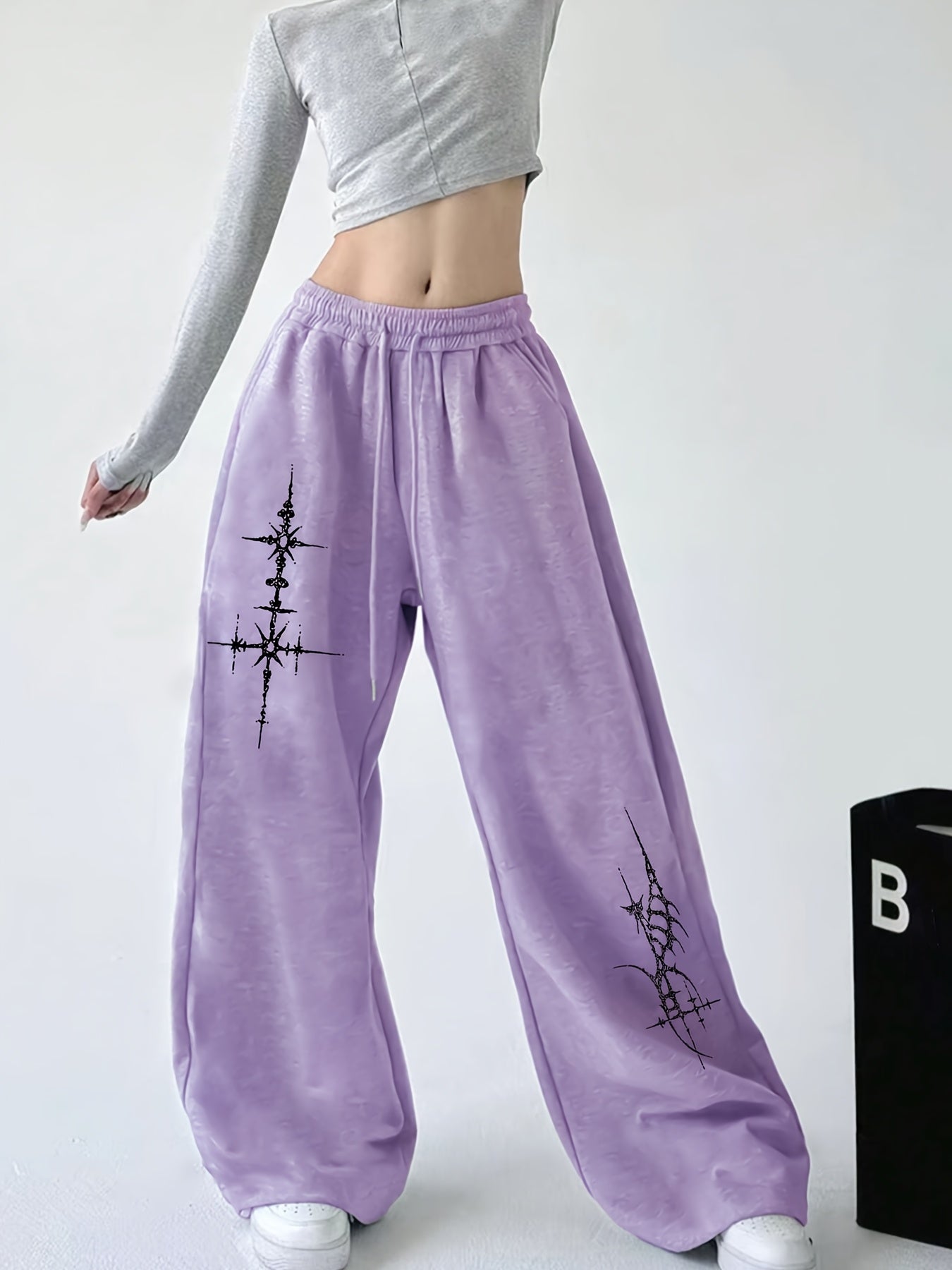 Women's Casual Cross-Print Drawstring Sweatpants - Relaxed Fit, Light Gray Polyester Straight-Leg Pants with Elastic Waist, Machine Washable for Spring/Fall