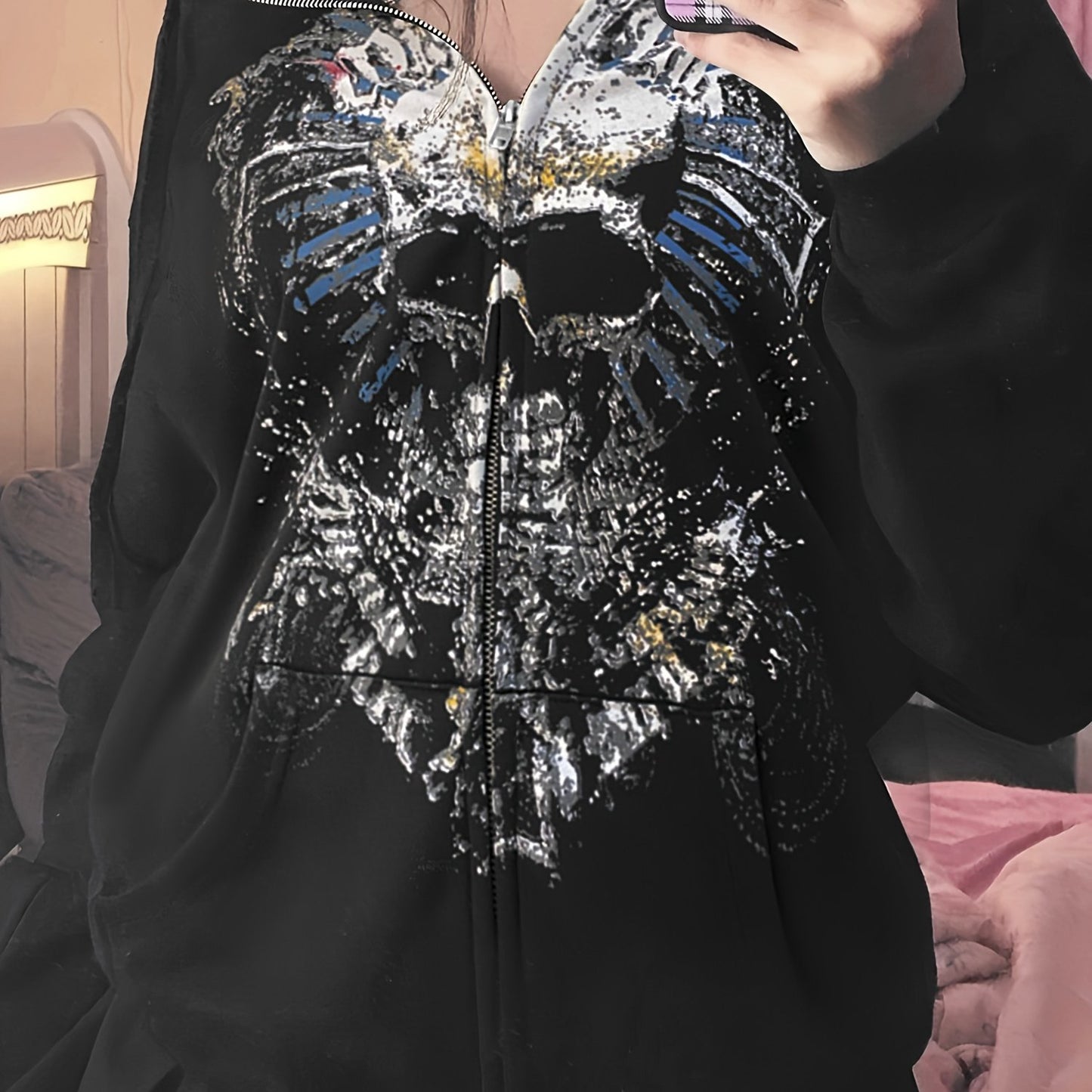 Y2K Skull & Floral Print Hoodie, Zip Up Long Sleeve Sweatshirt With Pocket, Women's Clothing