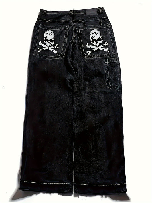 1pc Y2K Style Halloween Skull Print Denim Jeans, Multi-Pocket Straight Leg Pants, Cotton Blend (30% Cotton, 43% Polyester, 27% Rayon), Non-Stretch Fabric, Regular Fit, All-Season Streetwear