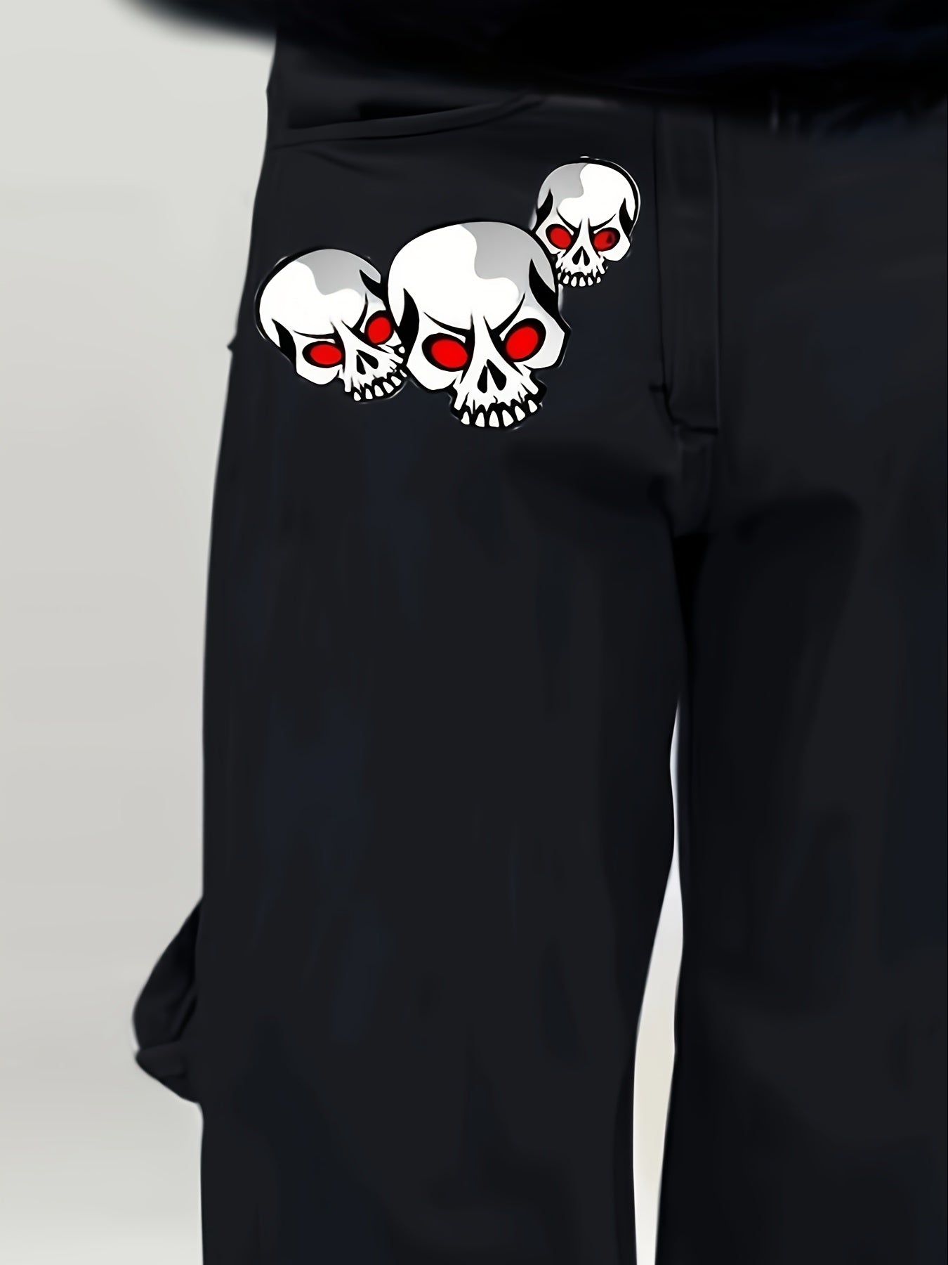 1pc Y2K Street Style Skull Print Drawstring Multi-Pocket Denim Pants, Cotton Blend, Non-Stretch, Regular Length, Loose Fit, Adult, All Seasons, Halloween Pattern, Washed Jeans