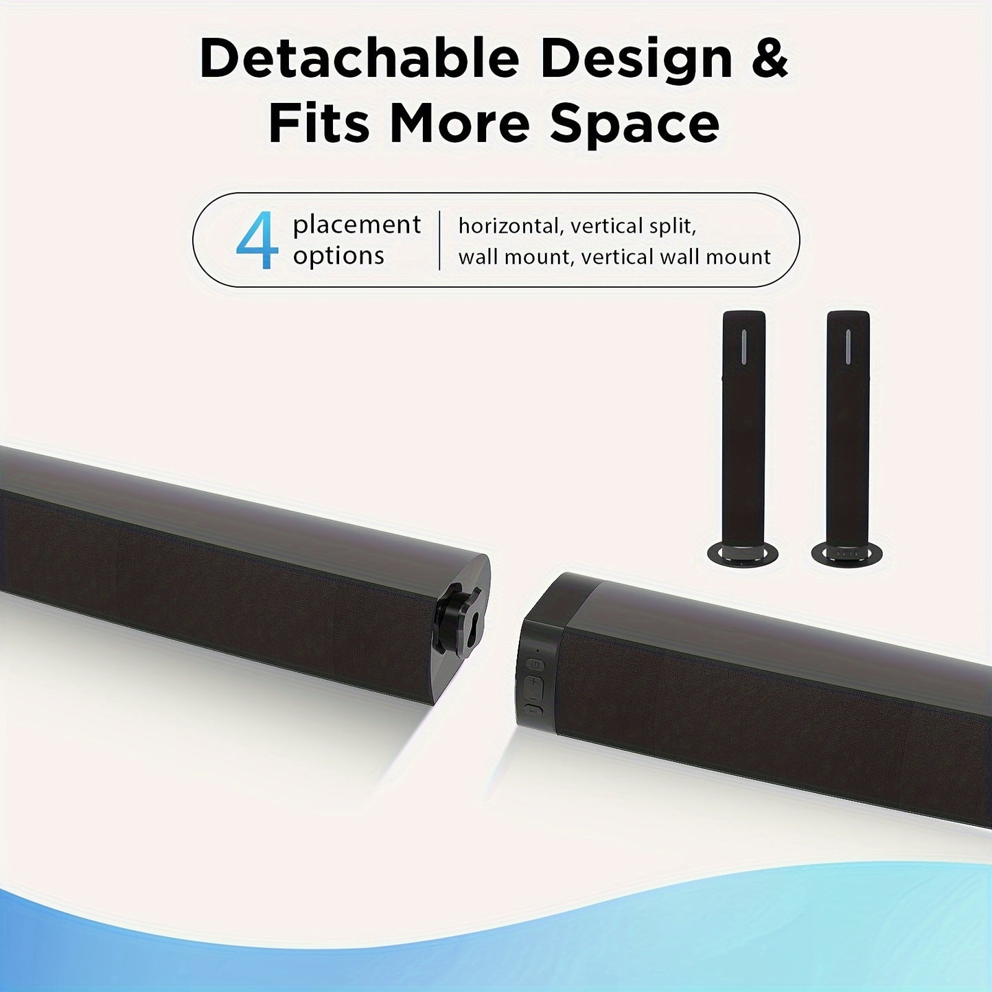Sound Bar for Smart TV, 60W Soundbar with Wired & Wireless Connect, Auto Volume Boost, ARC/Optical/AUX Cables & Remote, 2in 1 Separable Soundbar