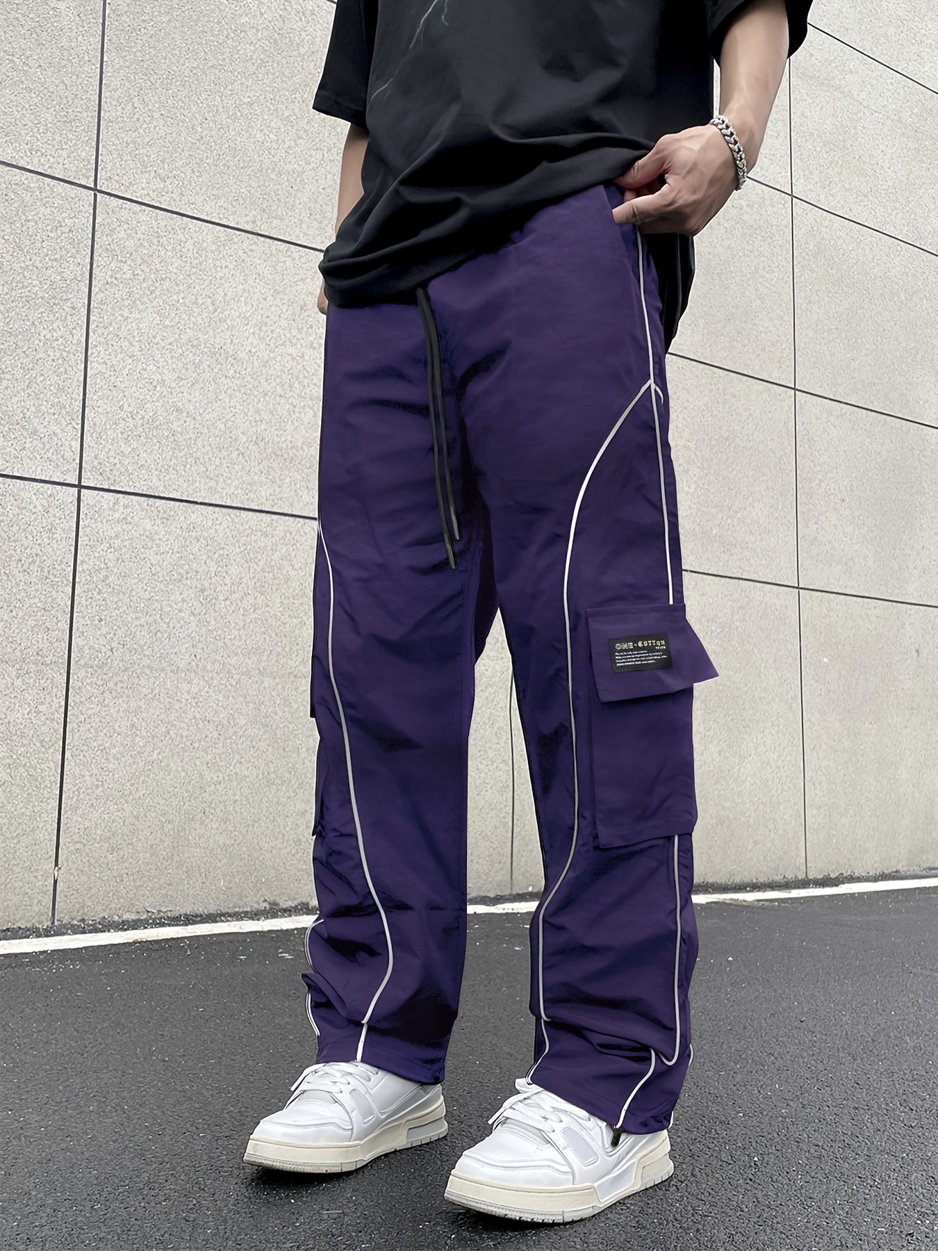 Men's Loose Striped Cargo Pants With Multi Pockets, Street Style Trousers For Outdoor Activities