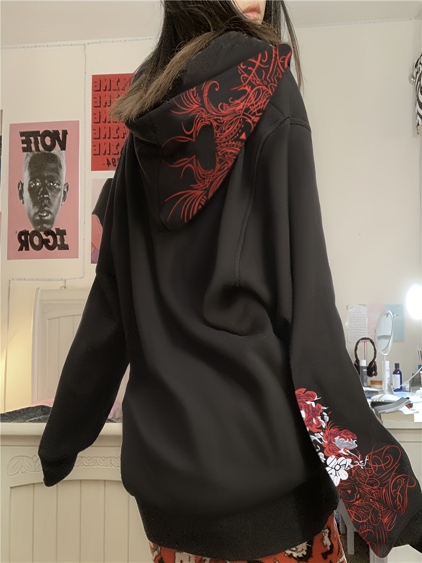 Y2K Skull & Floral Print Hoodie, Zip Up Long Sleeve Sweatshirt With Pocket, Women's Clothing