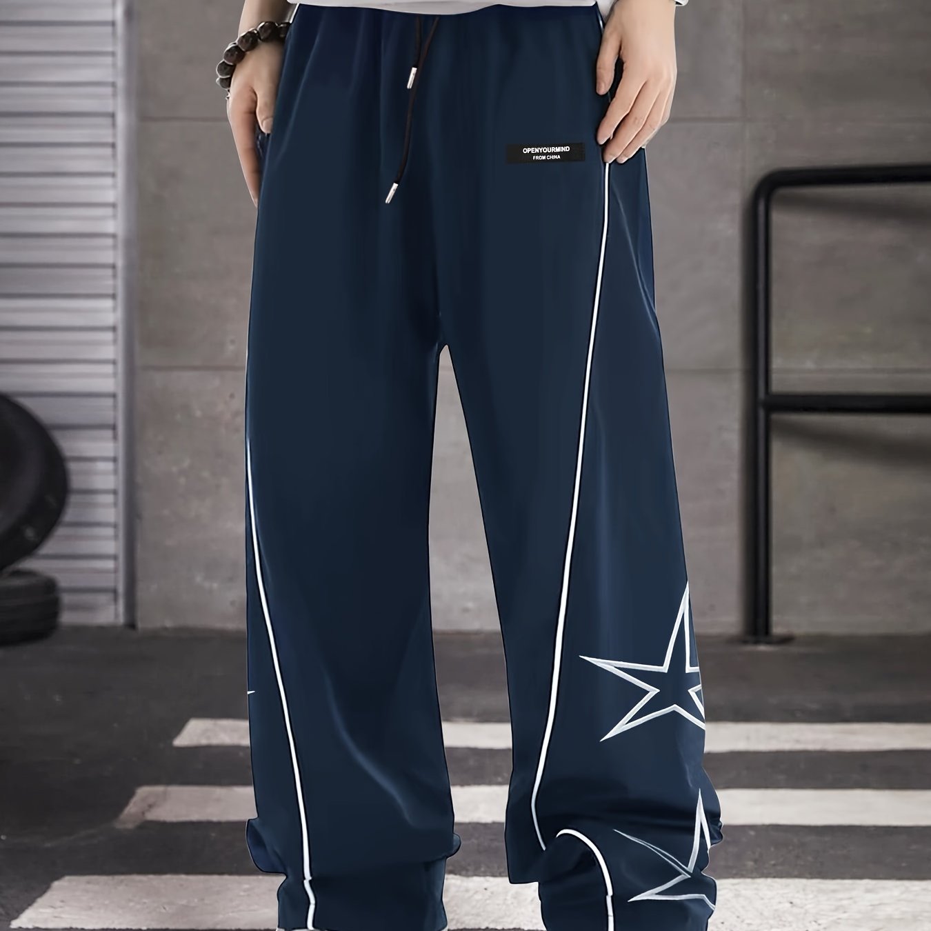 Men's Loose Star Embroidery Graphic Print Striped Track Pants With Pockets, Casual Drawstring Pants For Outdoor Activities Gift