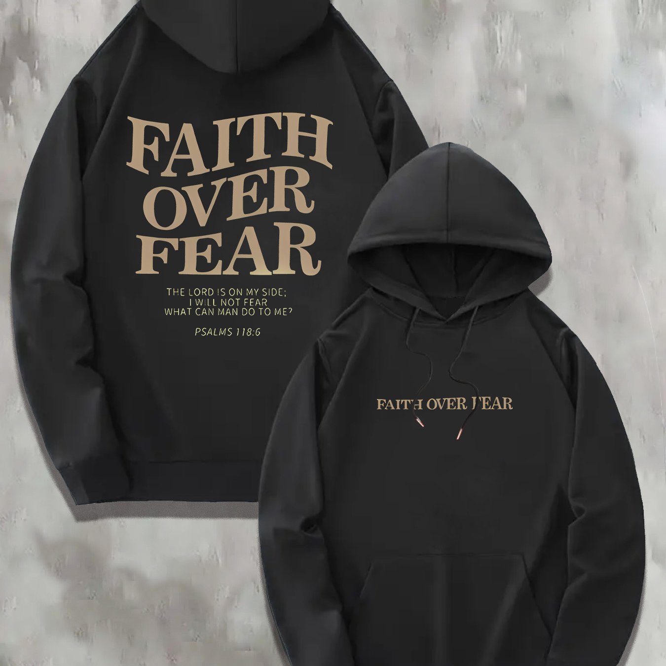 1pc KOURRTER Men'S Casual Polyester Hoodie with "Faith Over Fear" Print, Geometric Pattern, Slight Stretch Knit Fabric, Regular Fit, Hooded Collar, with Pocket - Fall/Winter Collection