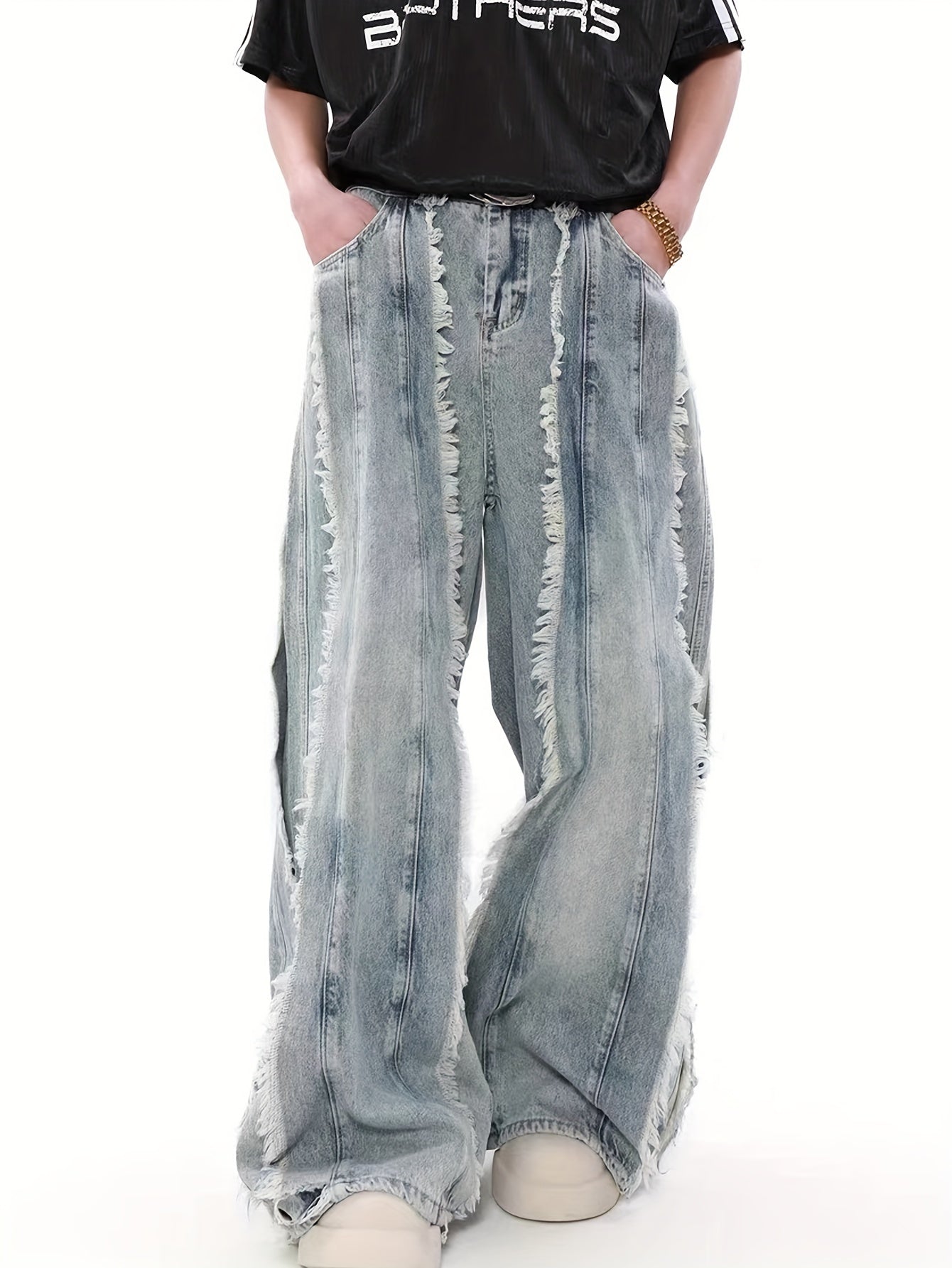 American Retro Waste Style Tassel Splicing Design Sense Jeans Men's Small Crowd Loose Wide Leg Pants