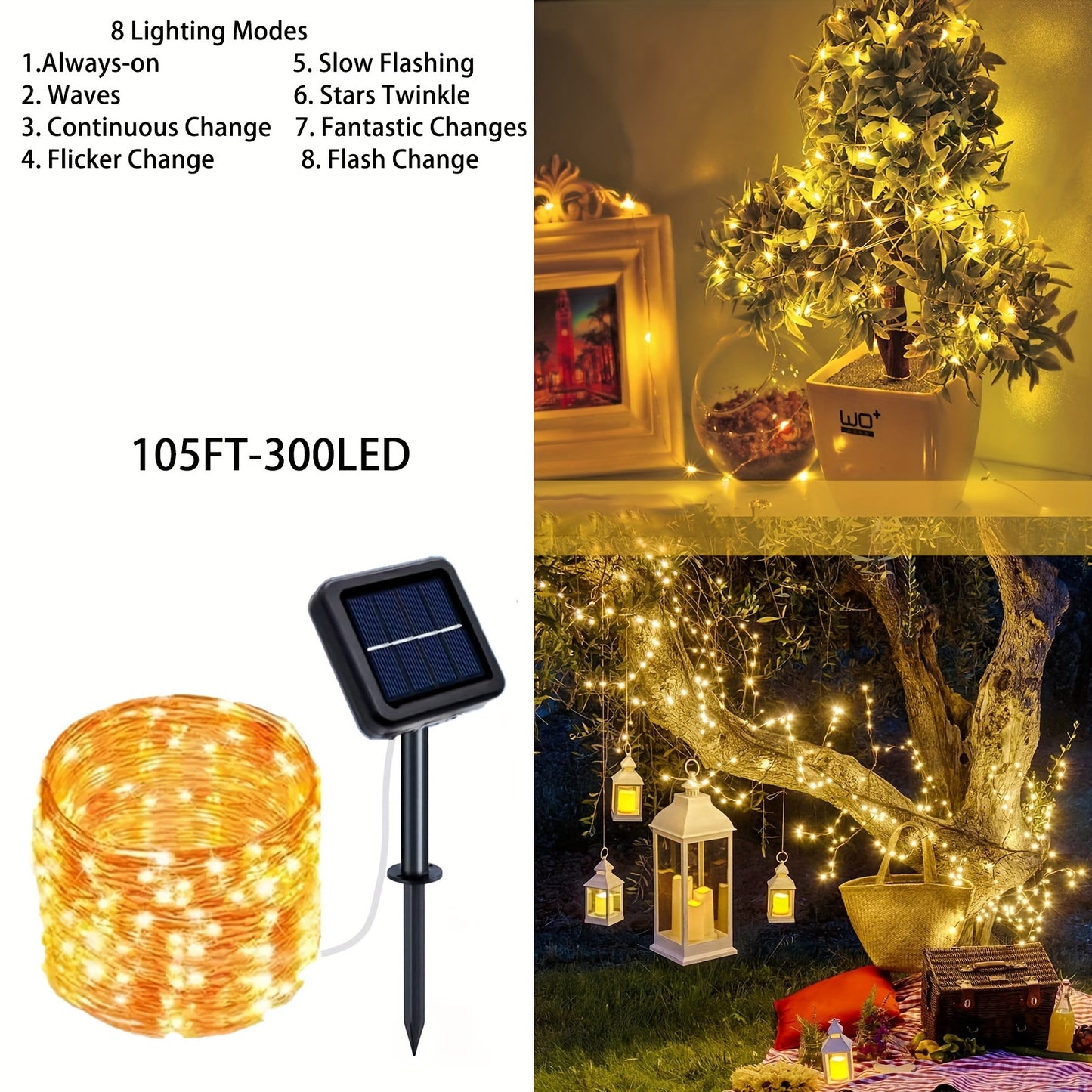 Solar-Powered LED String Lights for Outdoor Decor - 40/105ft, 100/300 LEDs with 8 Modes,, Perfect for Patio, Tree, Balcony, Gazebo & Autumn Festival Parties