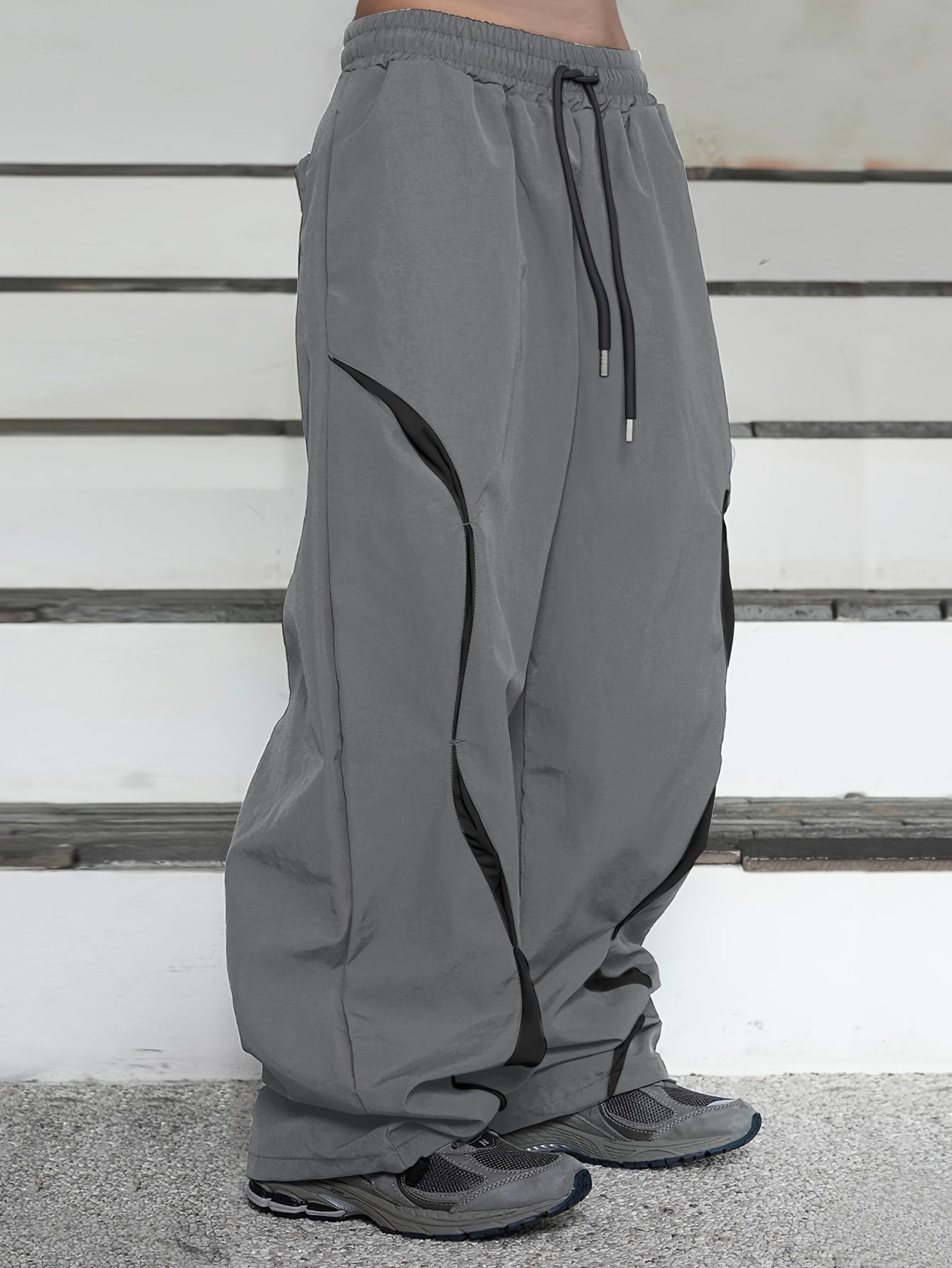 Men's Loose Color Block Pants With Pockets, Casual Drawstring Trousers For Outdoor Activities Gift, Outdoor Cloth