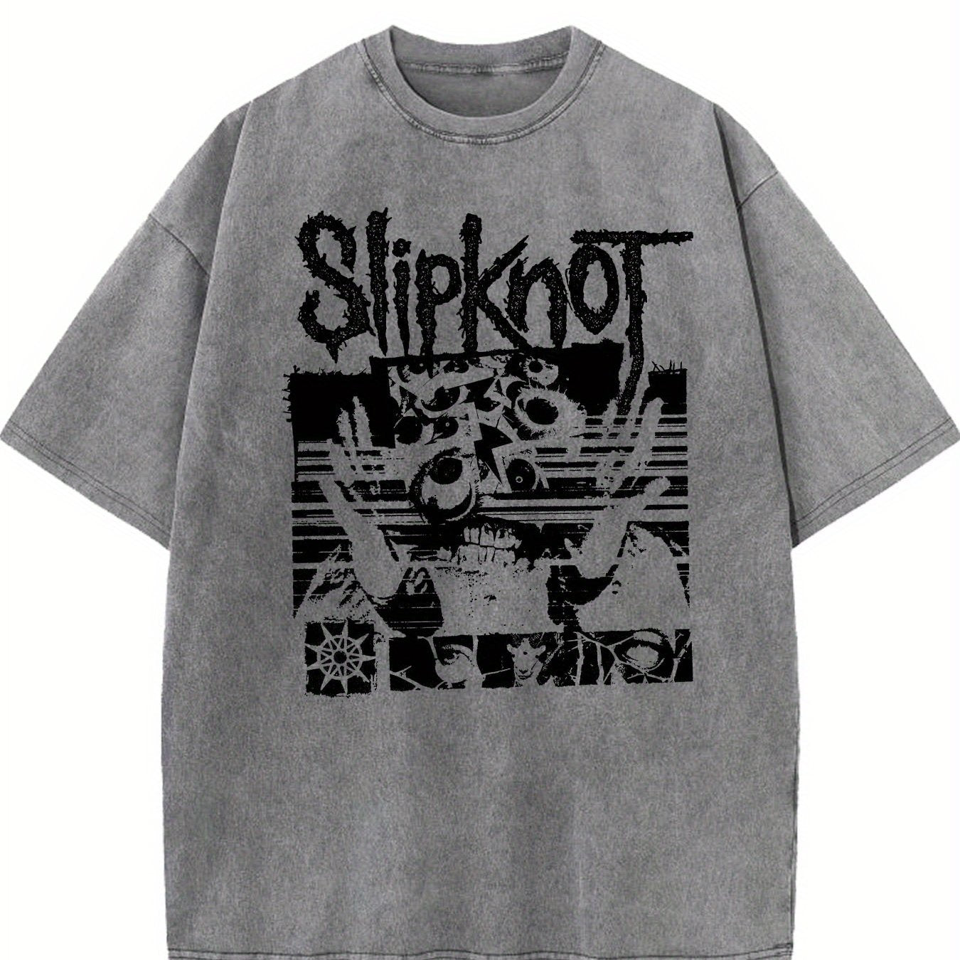 Washed T-Shirt Featuring Slipknot Logo With Distorted Graphics And Dark, Grunge-Inspired Elements Retro style, classic men's round neck T-shirt, pure cotton skin friendly, fashionable and versatile