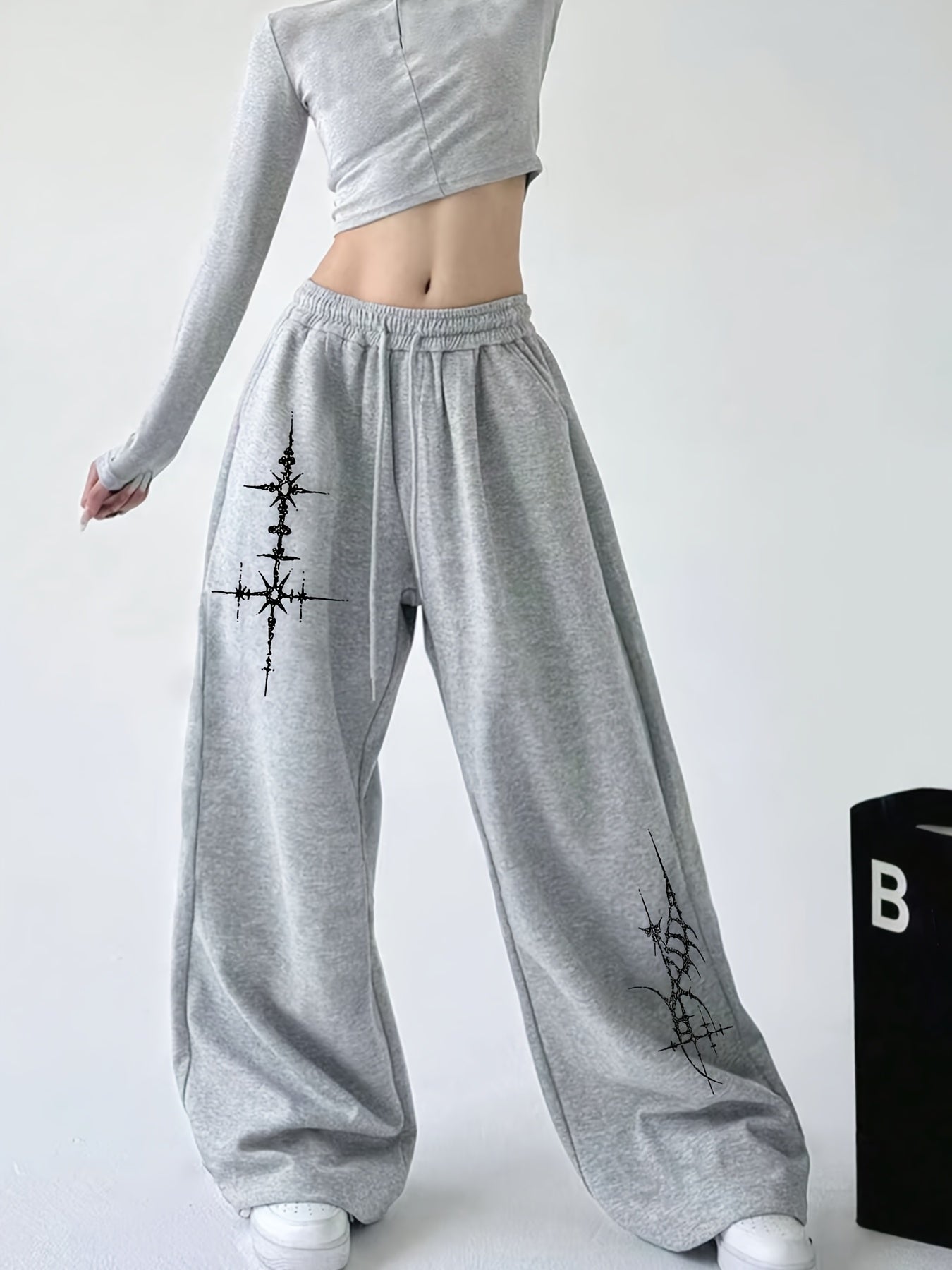 Women's Casual Cross-Print Drawstring Sweatpants - Relaxed Fit, Light Gray Polyester Straight-Leg Pants with Elastic Waist, Machine Washable for Spring/Fall