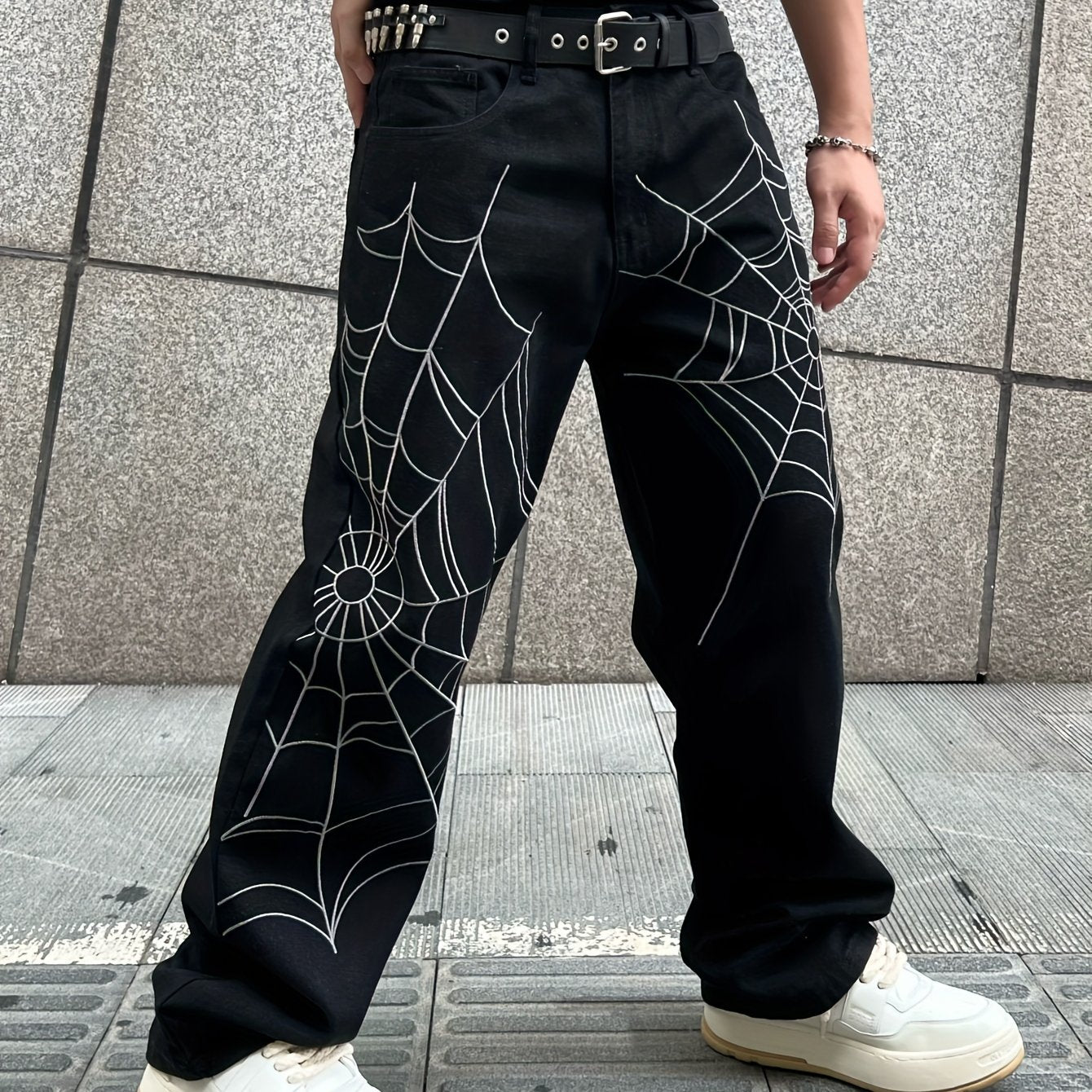 Unisex Street Style Embroidered Spider Web Denim Jeans, Loose Fit, Non-Stretch Cotton Blend Pants, Regular Length, Woven, for Adults, All-Season