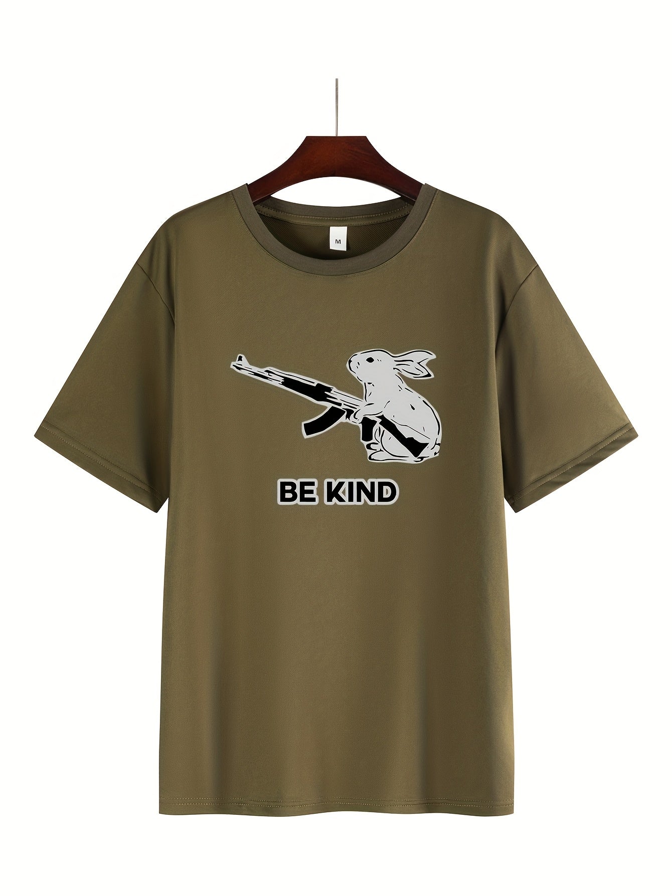 Men's "Be Kind" Graphic Tee - Casual & Comfortable Polyester Blend, Short Sleeve Summer Shirt with Rabbit & Gun Design, Round Neck - Perfect for Workouts, Pajamas & Streetwear