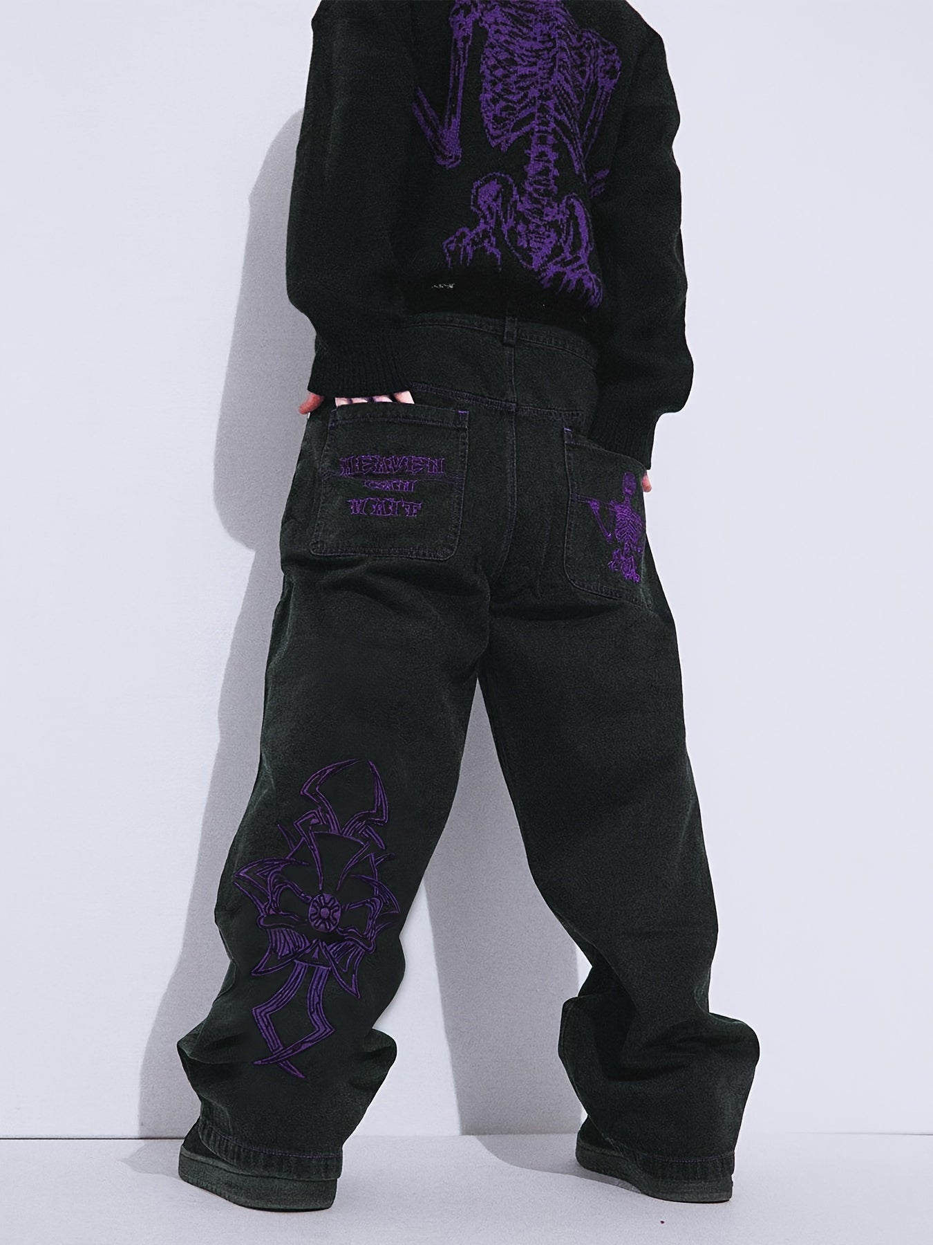 Halloween Y2k Skeleton Embroidery Jeans, Men's Casual Street Style Denim Pants