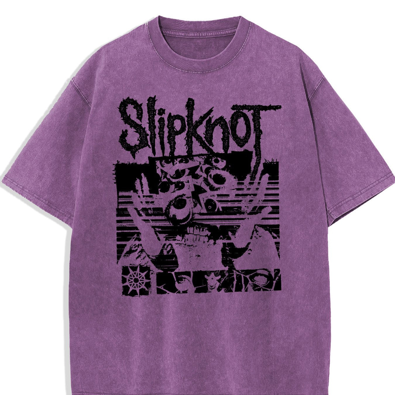 Washed T-Shirt Featuring Slipknot Logo With Distorted Graphics And Dark, Grunge-Inspired Elements Retro style, classic men's round neck T-shirt, pure cotton skin friendly, fashionable and versatile