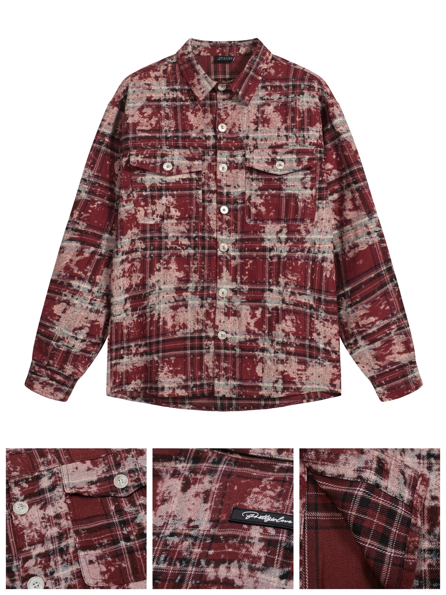 WUKONGYOUHUO Men's Tie-Dye Red Plaid Long Sleeve Shirt - Casual Loose Fit, Polyester Blend, Machine Washable with Pockets for Spring/Fall