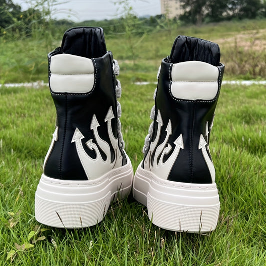 Vintage Style High-Top Fashion Sneakers, Water-Resistant Platform, Flame Embroidery, Lace-Up Closure, Round Toe, PU & Microfiber Upper, Rubber Sole, Lightweight, with Hand Wash/Dry Clean for Unisex Casual Shoes