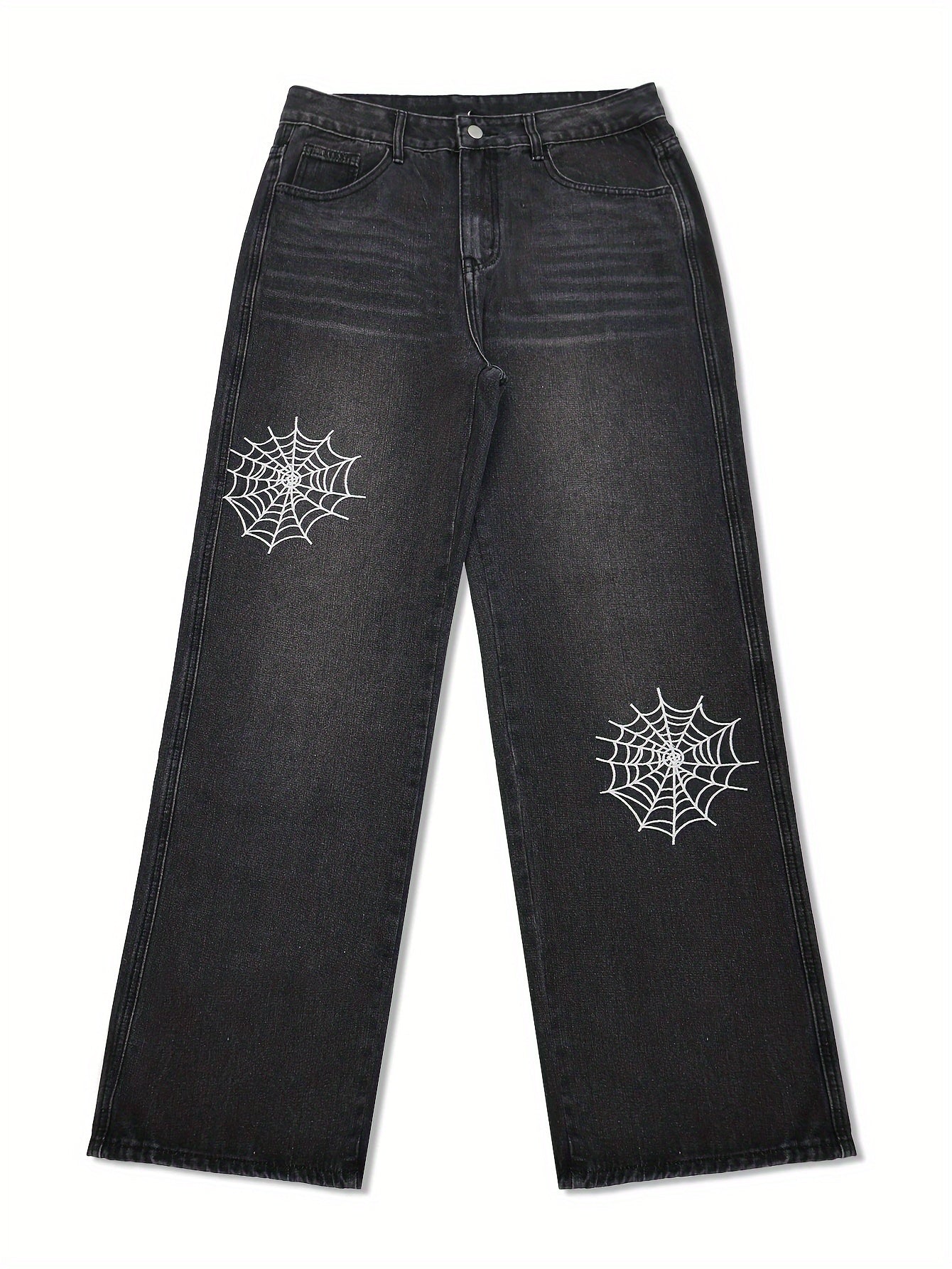 Men's Casual Spider Web Embroidery Jeans, Chic Street Style Loose Fit Denim Pants