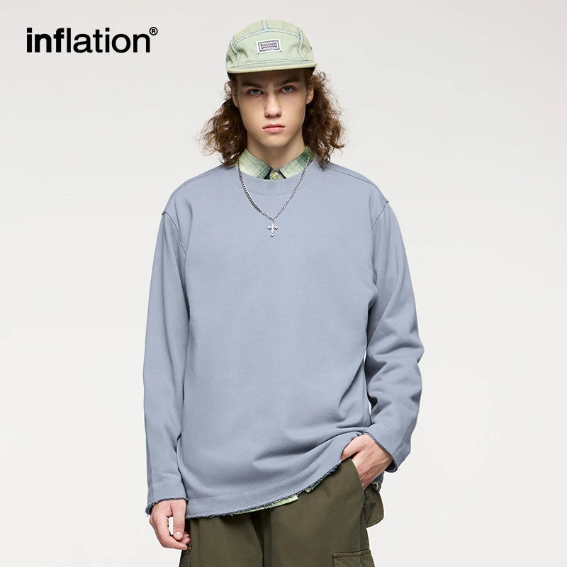 INFLATION Streetwear Oversized Crewnecks Men Heavyweight Raw Edges Sweatshirts