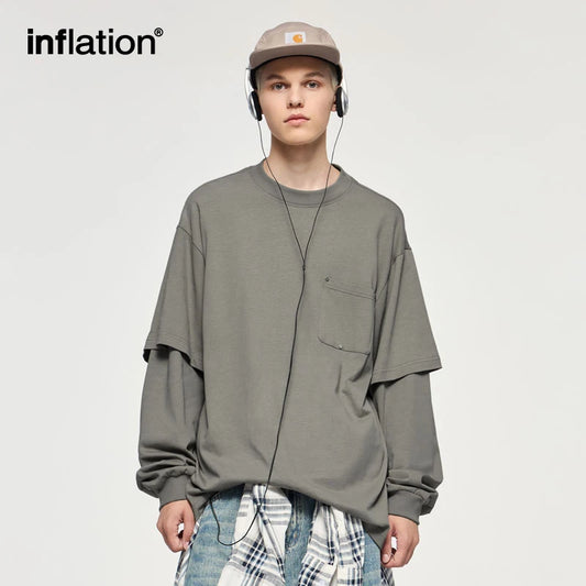 INFLATION Fake Two-Piece Long-Sleeve Tees for Unisex Minimalist Oversized Tshirts With Pocket