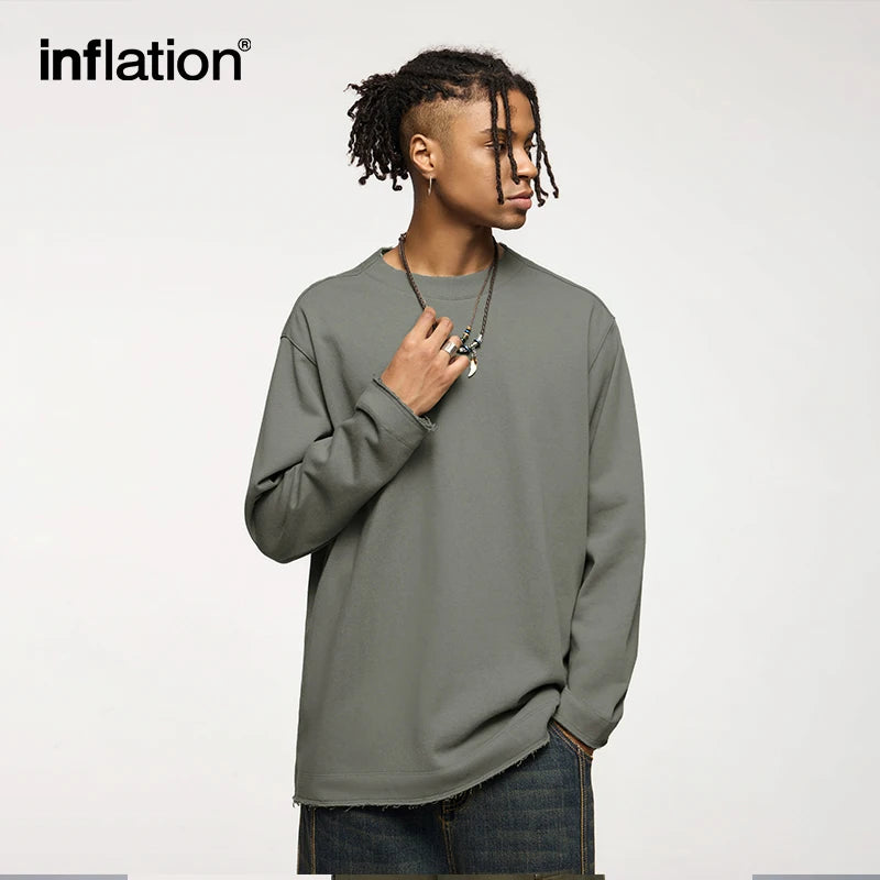 INFLATION Streetwear Oversized Crewnecks Men Heavyweight Raw Edges Sweatshirts