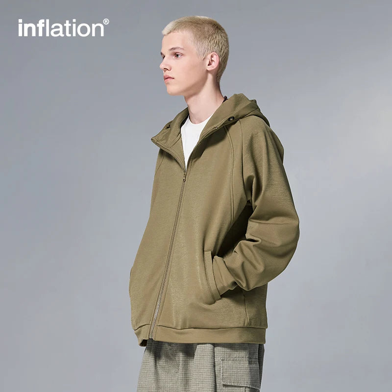 INFLATION Premium Windproof Hooded Jacket Unisex Solid Zipper Loose Hoodie for Men Sports Casual Sweatshirt