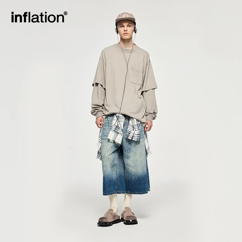 INFLATION Fake Two-Piece Long-Sleeve Tees for Unisex Minimalist Oversized Tshirts With Pocket