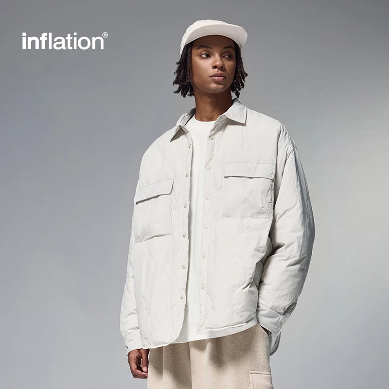 INFLATION Unisex Lightweight Duck Down Shirts Style Jacket Streetwear Loose Casual Thicken Cargo Shirts Coat for Men