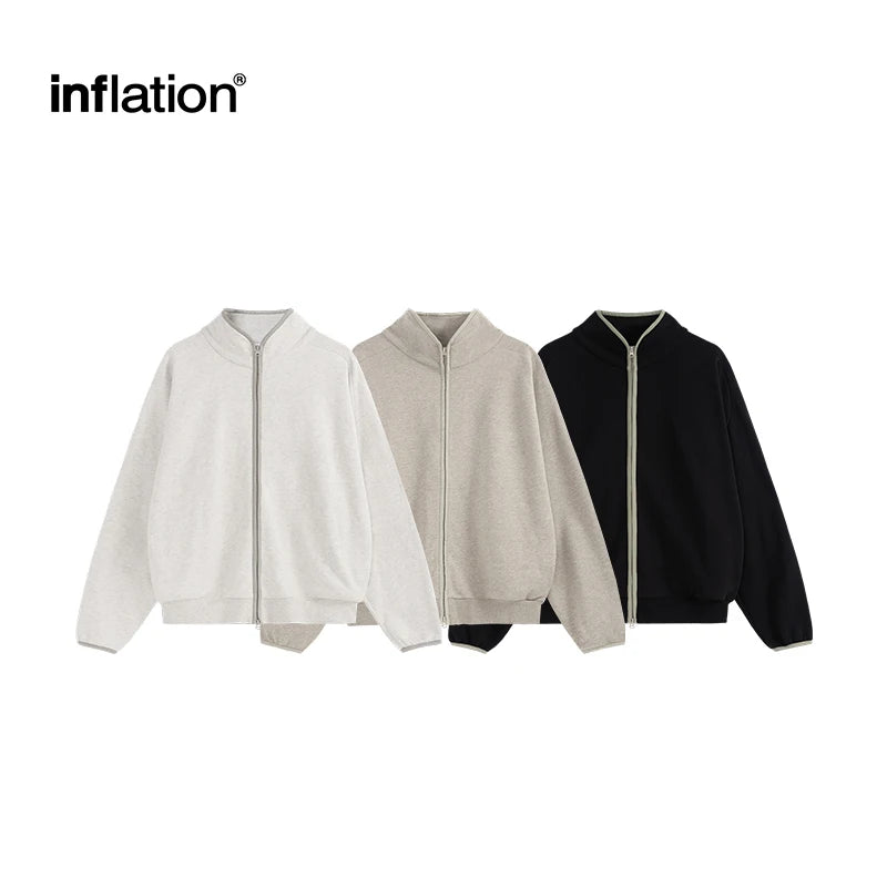 INFLATION Unisex Stand Collar Jacket Casual American Sports High Street Double Zipper Coat for Men