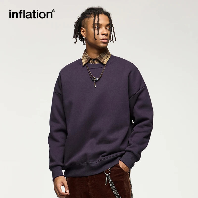 INFLATION 350 gsm Fleece Lined Crewneck Unisex Pure Color Thermal Sweatshirts