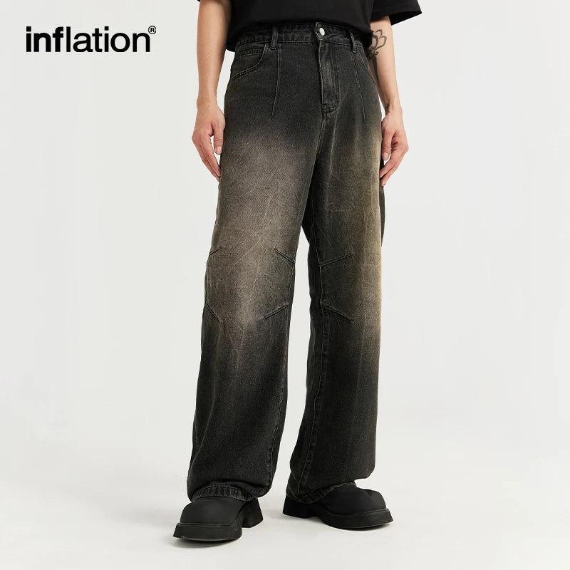 INFLATION Baggy Jeans for Men 2024 Trendy High Street Wahsed Straight Leg Denim Trousers Hip Hop Jeans Male Trousers