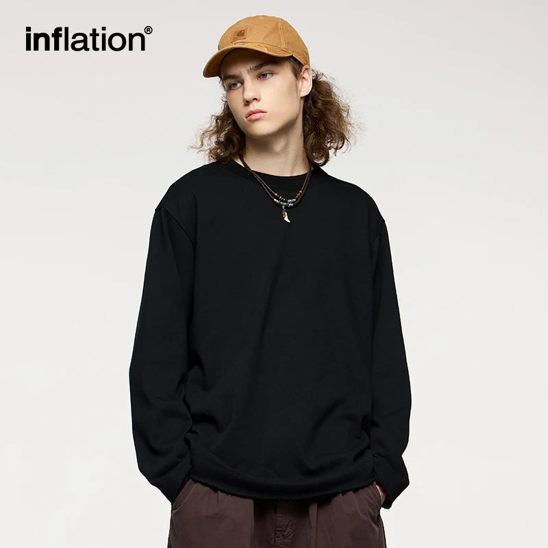 INFLATION Streetwear Oversized Crewnecks Men Heavyweight Raw Edges Sweatshirts