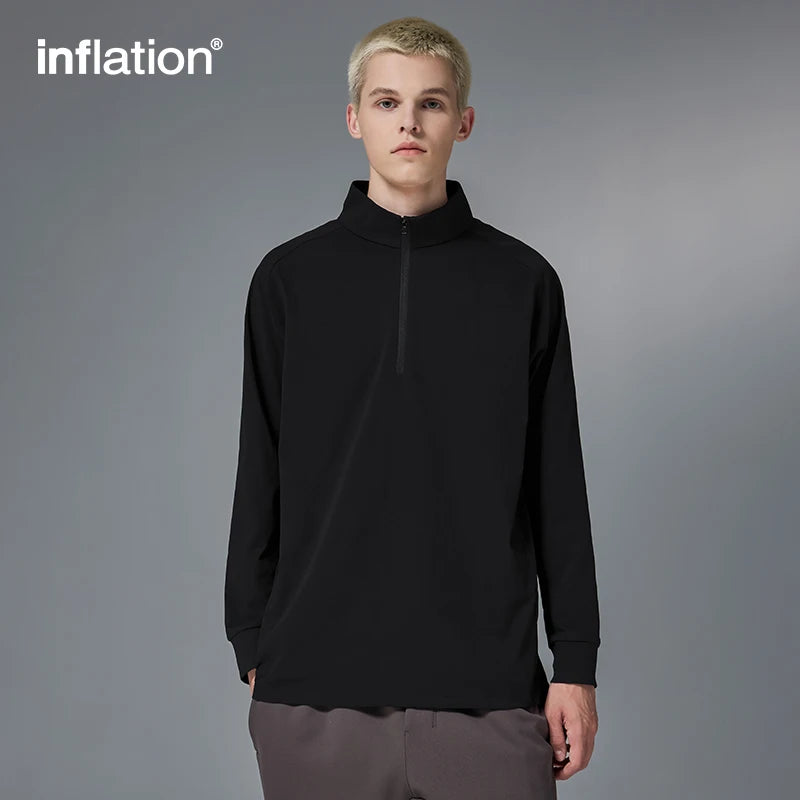 INFLATION Quick-Drying Solid Long-Sleeved T-shirt Unisex Half-Zip Stand Collar Long T-shirt Top for Men Sportswear