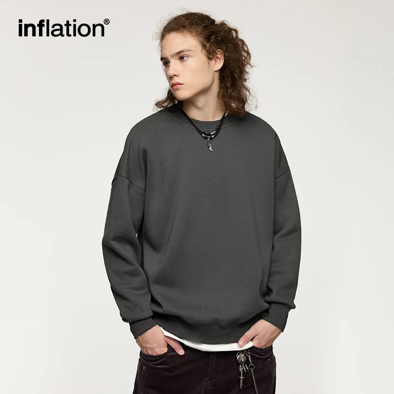 INFLATION 350 gsm Fleece Lined Crewneck Unisex Pure Color Thermal Sweatshirts