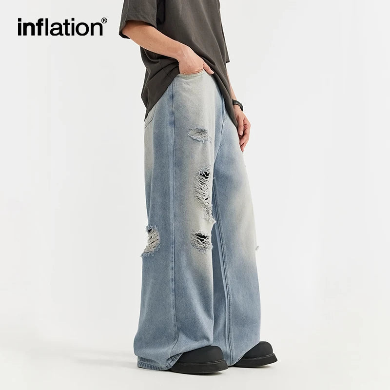 INFLATION Vintage Washed Wide Leg Jeans Mens Street Style  Trendy Distressed Denim Pants With Pockets