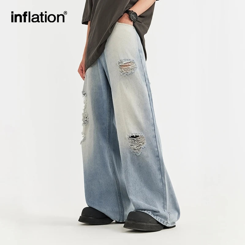 INFLATION Vintage Washed Wide Leg Jeans Mens Street Style  Trendy Distressed Denim Pants With Pockets