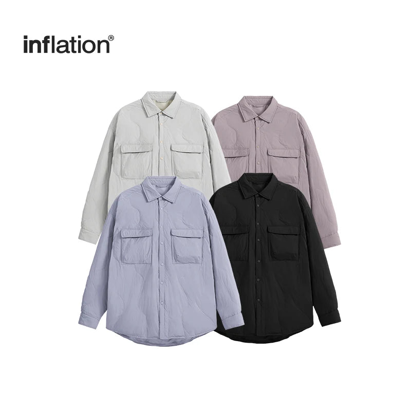 INFLATION Unisex Lightweight Duck Down Shirts Style Jacket Streetwear Loose Casual Thicken Cargo Shirts Coat for Men