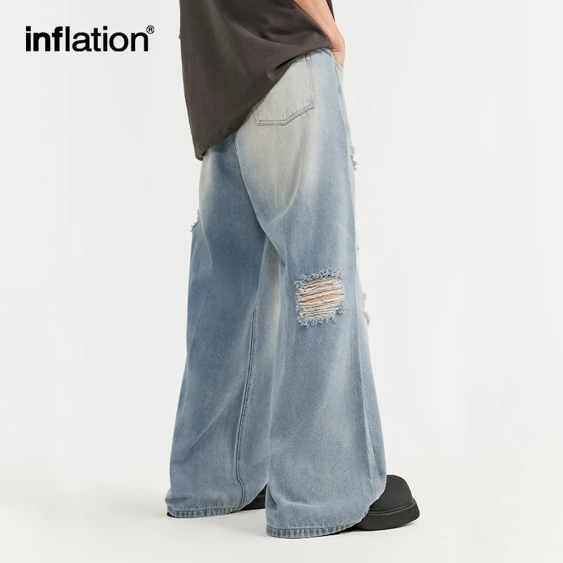 INFLATION Vintage Washed Wide Leg Jeans Mens Street Style  Trendy Distressed Denim Pants With Pockets