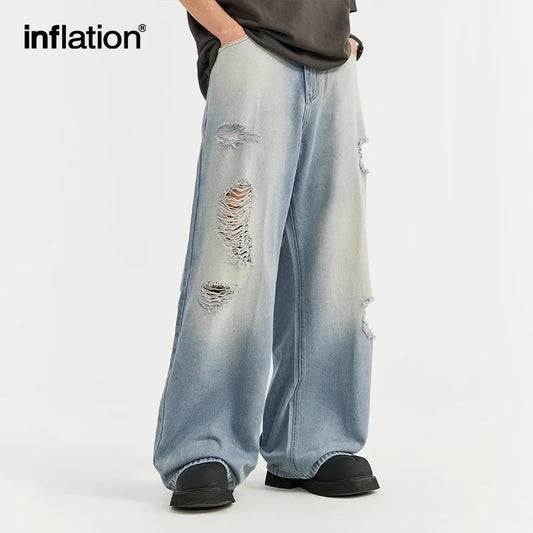 INFLATION Vintage Washed Wide Leg Jeans Mens Street Style  Trendy Distressed Denim Pants With Pockets