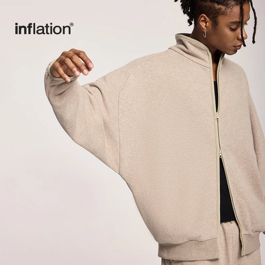 INFLATION Unisex Stand Collar Jacket Casual American Sports High Street Double Zipper Coat for Men