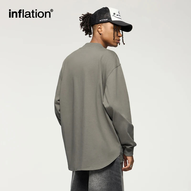 INFLATION Heavyweight Mock Neck Cotton Tees Unisex Oversized Long-sleeved Tshirt