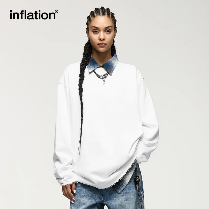 INFLATION Streetwear Oversized Crewnecks Men Heavyweight Raw Edges Sweatshirts